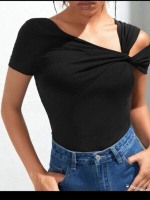 SHEIN  solid knot tie side off shoulder top in black