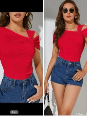 SHEIN  solid knot tie side off shoulder top in red