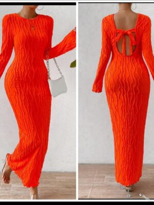 shein long sleeve open back dress in sharp orange
