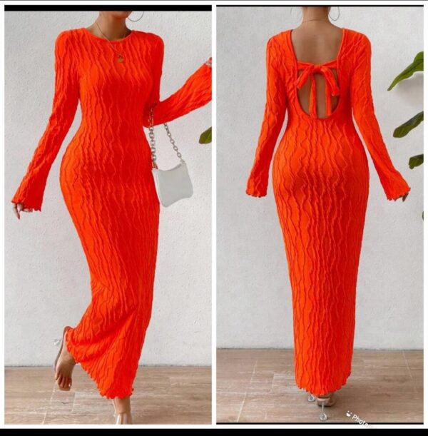 shein long sleeve open back dress in sharp orange