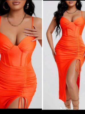 Shein orange slit thigh drawstring dress 12/14