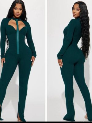 Fashionnova open front zip jumpsuit in hunter green