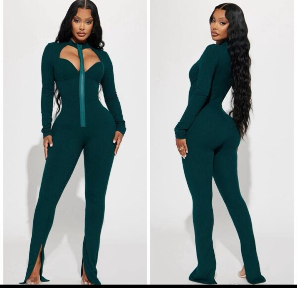 Fashionnova open front zip jumpsuit in hunter green