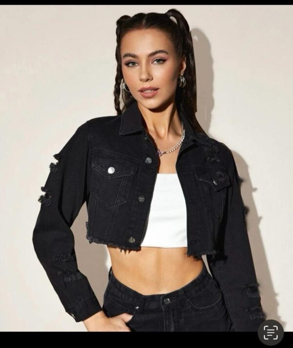 SHEIN denim ripped crop jeans jacket in black