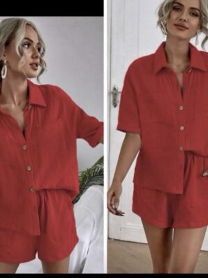 SHEIN plus two piece red/burgundy short set with double pockets