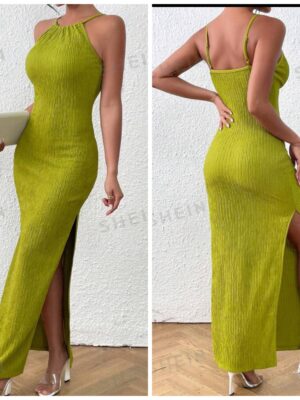Shein solid cami halter lemon pleated dress with side slit 12/14