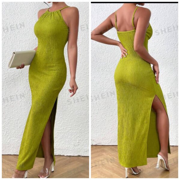 Shein solid cami halter lemon pleated dress with side slit 12/14
