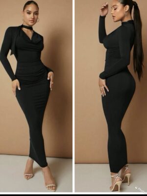 shein classy solid ruched tie neck midi dress in black 12/14