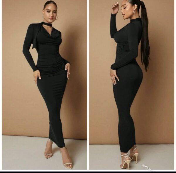 shein classy solid ruched tie neck midi dress in black 12/14
