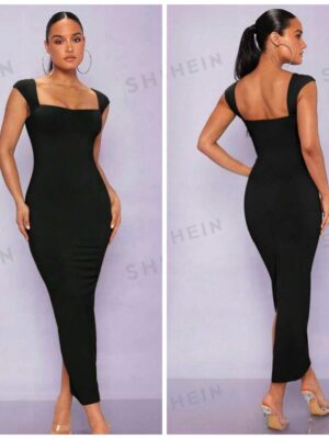 Shein square solid neck bodycon dress in black 12/14