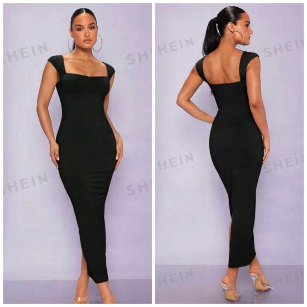 Shein square solid neck bodycon dress in black 12/14