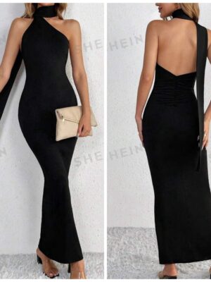 Shein halter neck tie midi open back dress in black 12/14