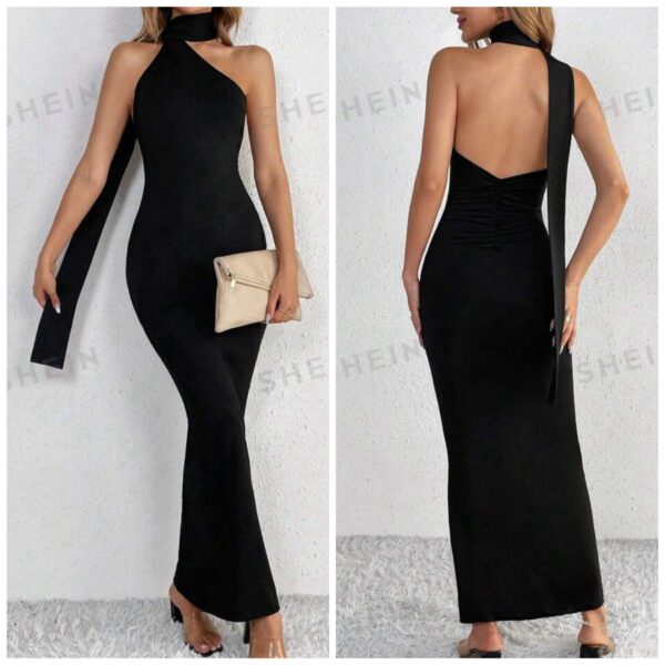 Shein halter neck tie midi open back dress in black 12/14