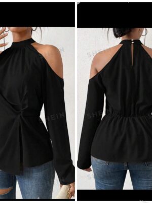 Shein cold shoulder halter long sleeve top in black