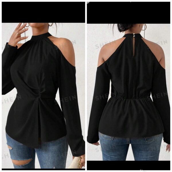 Shein cold shoulder halter long sleeve top in black