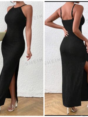 Shein solid cami halter black pleated dress with side slit 12/14