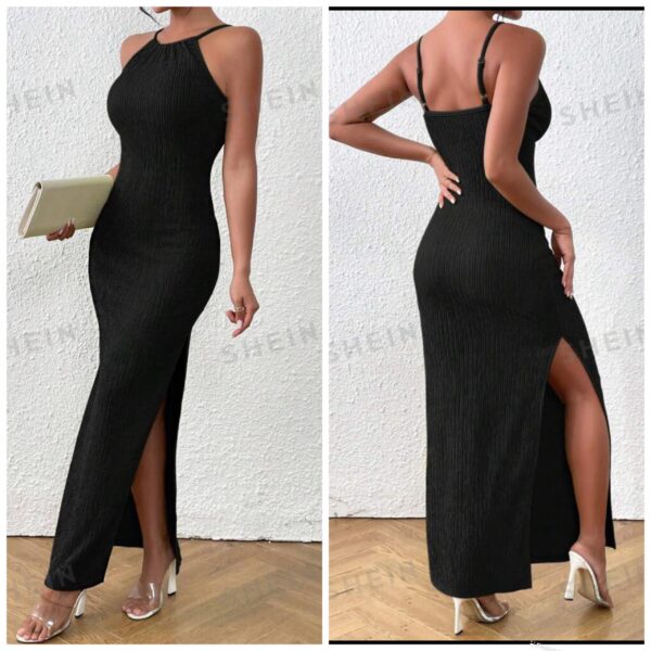 Shein solid cami halter black pleated dress with side slit 12/14