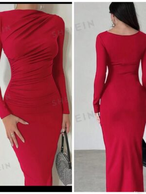Shein solid front ruched fitted midi dress in red 12/14