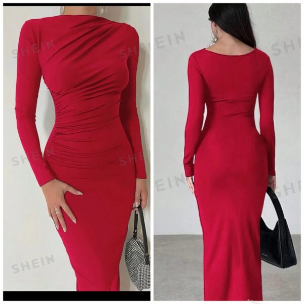 Shein solid front ruched fitted midi dress in red 12/14