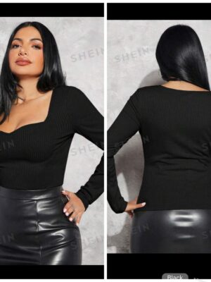 Shein ribbed sweetheart neck long sleeve top in black 12/14