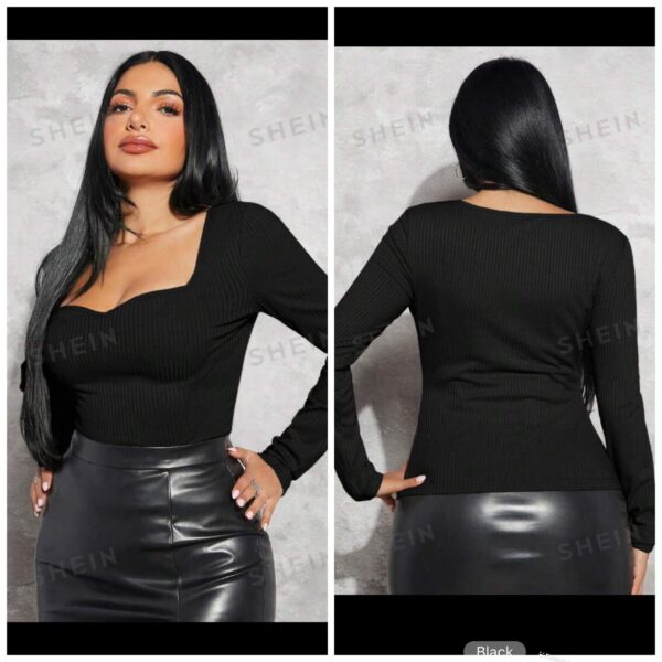 Shein ribbed sweetheart neck long sleeve top in black 12/14
