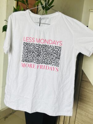 Stradivarius less Mondays more Fridays t-shirt in white L