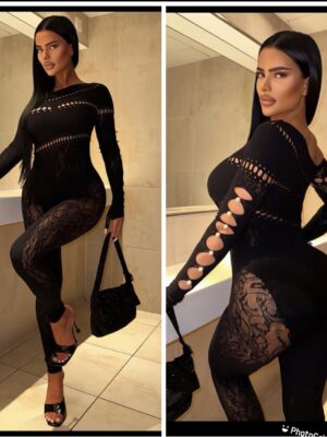 SHEIN unitard pearl lace insert jumpsuit in black