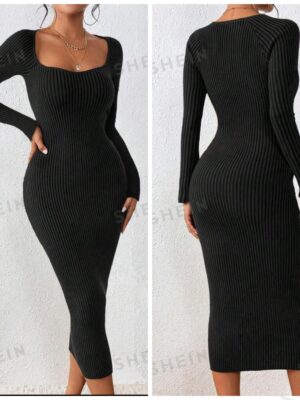 Shein plus solid ribbed sweater midi dress in black 16