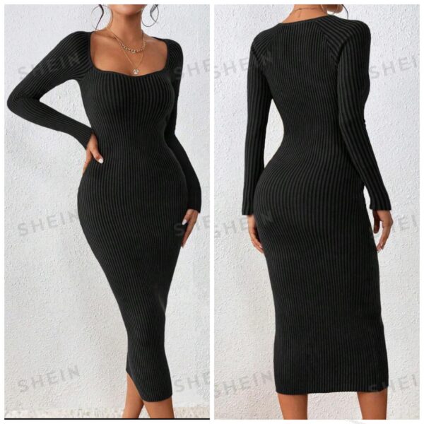 Shein plus solid ribbed sweater midi dress in black 16