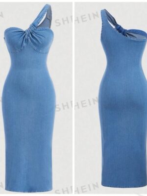 shein one shoulder twist denim dress in medium wash jeans