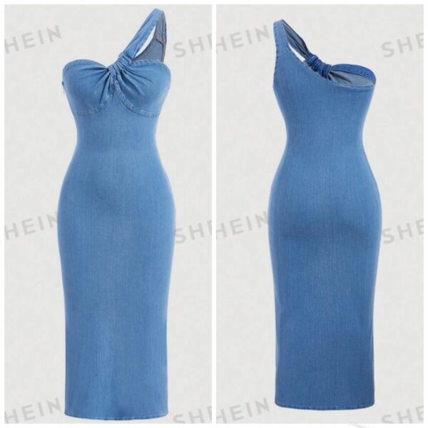 shein one shoulder twist denim dress in medium wash jeans