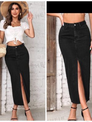 Shein high waist denim skirt in black with slit jeans