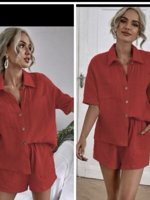 SHEIN plus two piece red/burgundy short set with double pockets