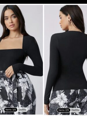 Shein  square neck long sleeve fitted top in black 12/14