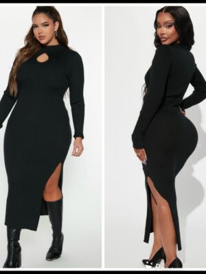 Fashionnova black ribbed sweater open front side slit midi dress in black