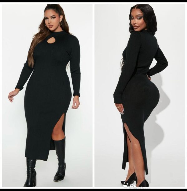 Fashionnova black ribbed sweater open front side slit midi dress in black