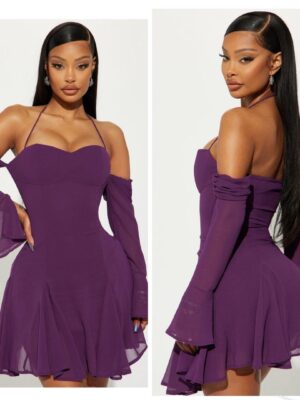 Fashionnova purple tie neck chiffon dress