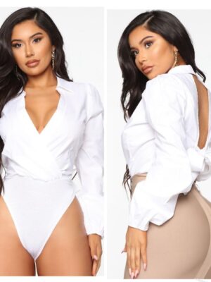 Fashionnova classy long sleeve open back bodysuit in white