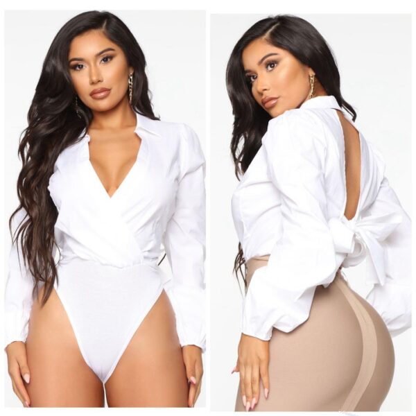 Fashionnova classy long sleeve open back bodysuit in white