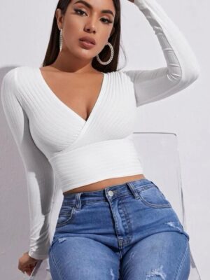 Shein solid ribbed long sleeve crop top in white