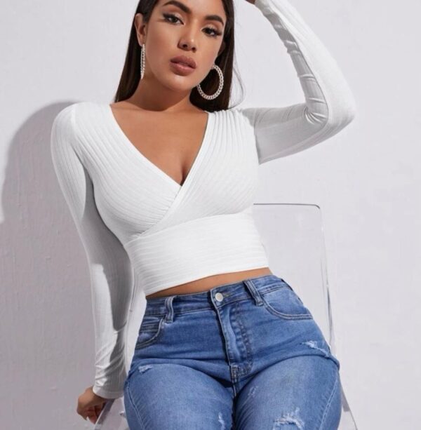 Shein solid ribbed long sleeve crop top in white
