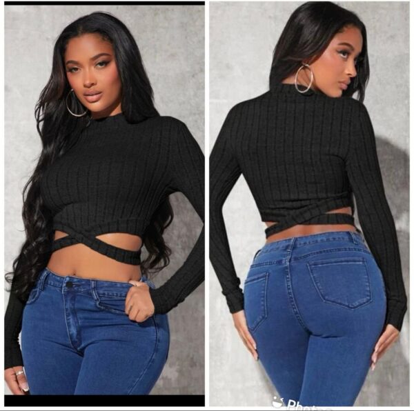 Shein  criss cross long sleeve hem top in black  10