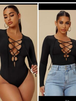 Shein criss cross long sleeve bodysuit in black 12/14