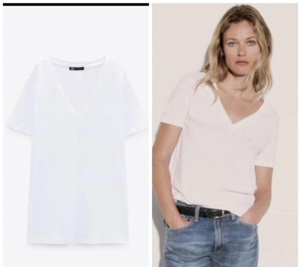 Zara basic solid v neck t-shirt in white