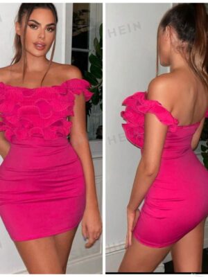Shein off shoulder ruffle bodycon dress in hot pink 12/14