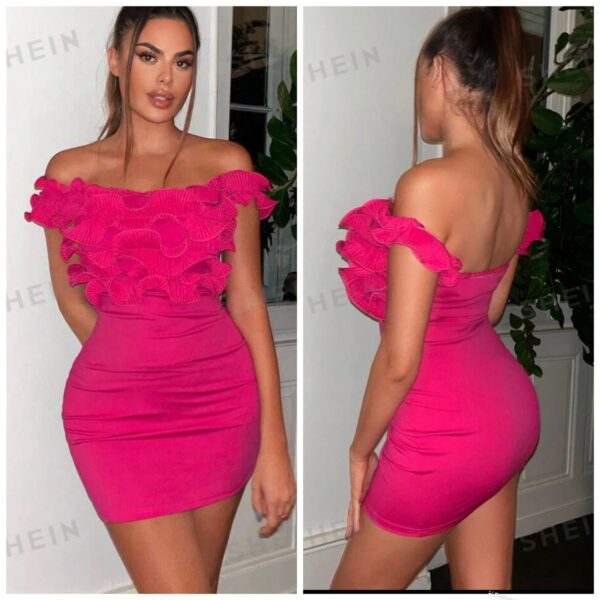 Shein off shoulder ruffle bodycon dress in hot pink 12/14
