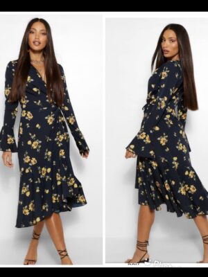 Boohoo floral dark & touch of yellow wrap dress