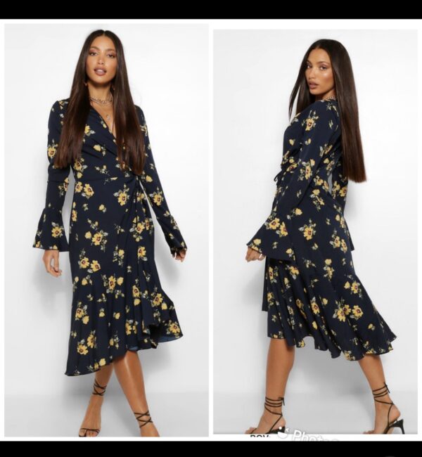 Boohoo floral dark & touch of yellow wrap dress