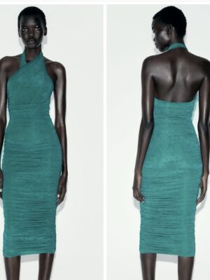 Zara halter bodycon chiffon dress in light blue  green 10