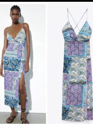 Zara cami printed vintage blueish midi dress with criss cross L